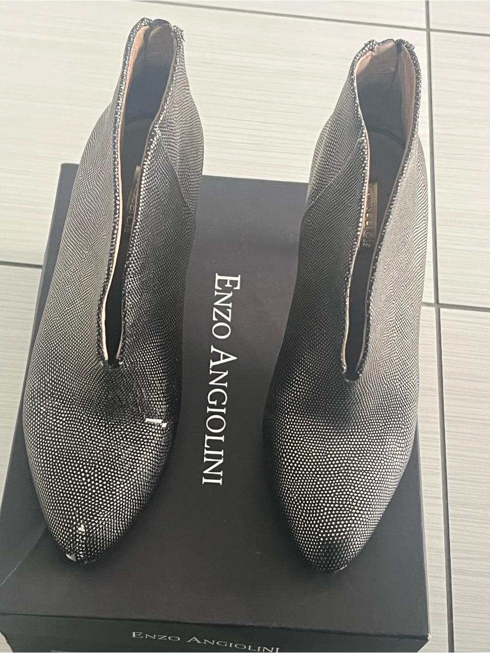 Enzo Angiolini Metallic Black Pointed V-Front Ankle Booties